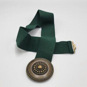 Vtg Statement Stretchy Elastic Belt With Ornate Brass Medallion Buckle Belt